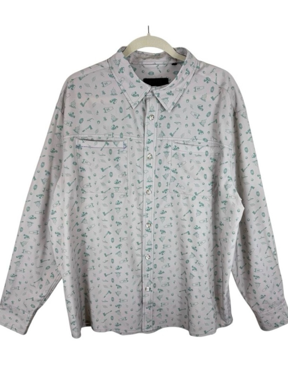 Dakota Cream Green Camping Outdoor Pattern Long Sleeve Quick Dry Button Up Sz XL